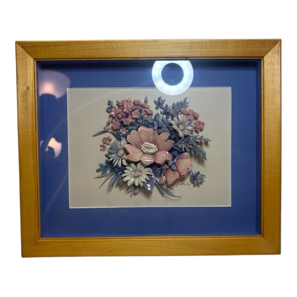 Framed Floral Art with Blue and Pink Accents Signed Paper Tole 9x11”